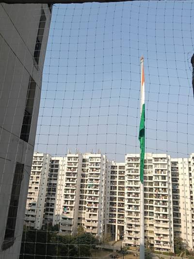 Bird net installed on a balcony facing a residential tower