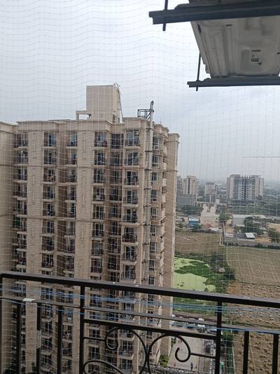 Bird net on a balcony facing a tall residential tower