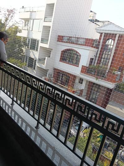 Pigeon net covering a residential balcony with decorative railing