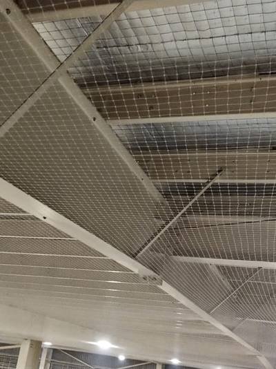 Bird netting at ceiling level across a covered commercial area with lighting