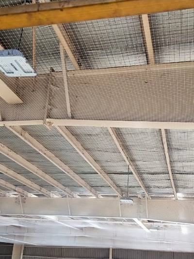 Commercial bird net fitted under a roof structure between steel beams